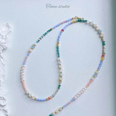 Timee Luna进口Miyuki古董珠原创设计项链女珍珠碧玺摩根石毛衣链