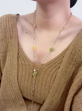 原创新中式串珠长项链亚克力小花小众甜美文艺复古极细串珠毛衣链