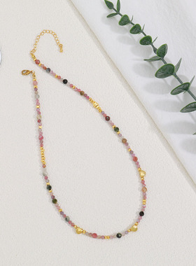 新款多彩天然石锁骨链小众设计高级感时尚百搭碧玺石项链生日礼物