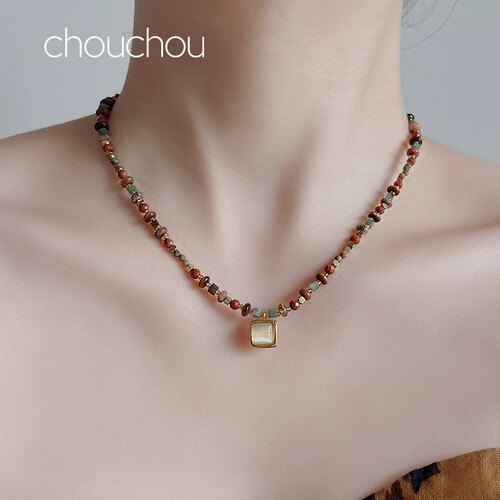 chouchou项链女天然虎眼石串珠饰品复古油画感安可拉红锁骨链秋