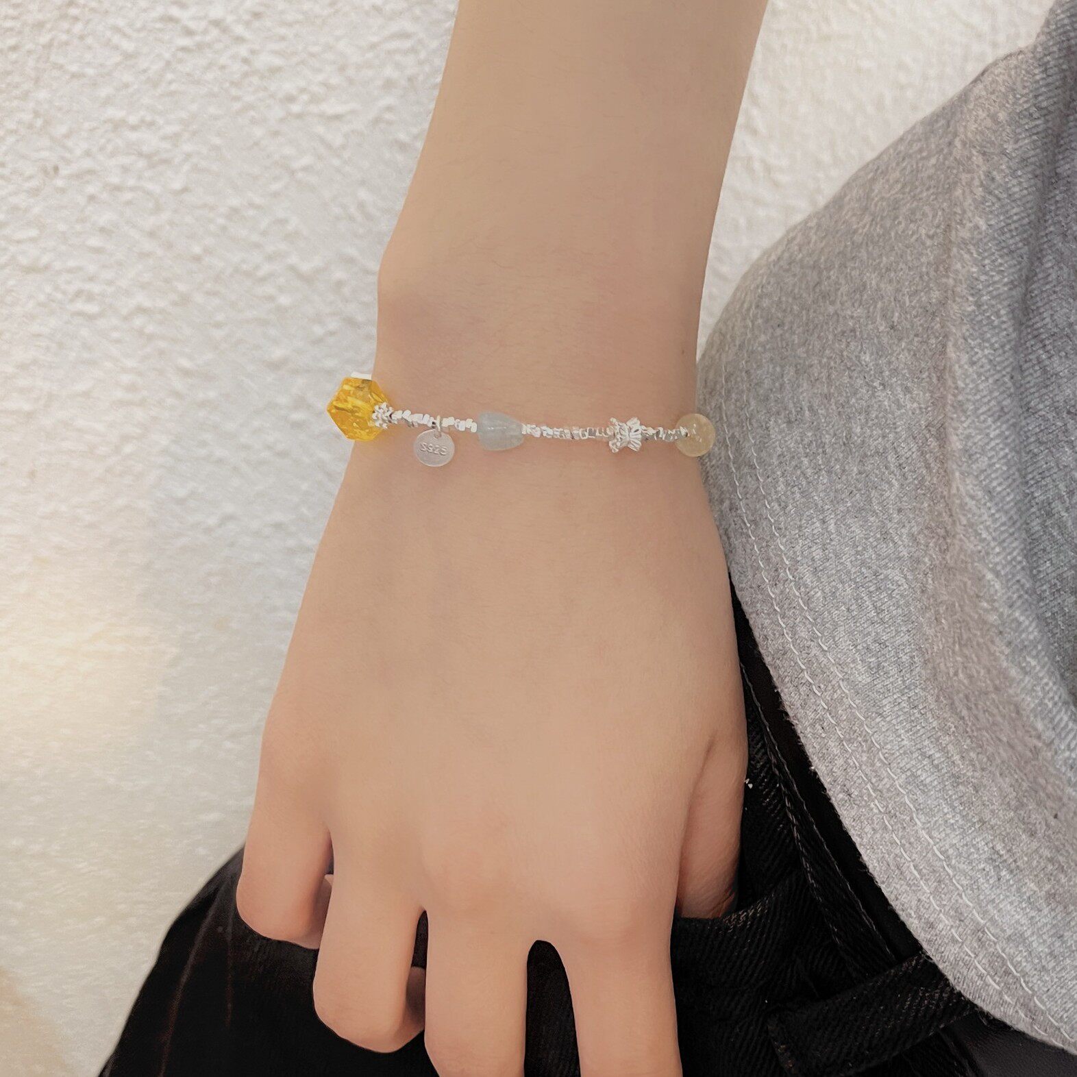 S925银天然黄水晶紫水晶陨石碎银手链女轻奢小众设计不规则手串