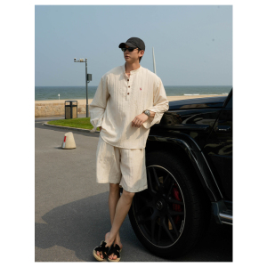 ZICHENG 夏季轻奢老钱天丝亚麻混纺亨利领衬衫套装松弛感亚麻长袖