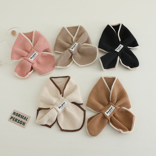 套口儿童脖套韩国围脖针织秋冬布标交叉男围巾女童围巾风简约保暖