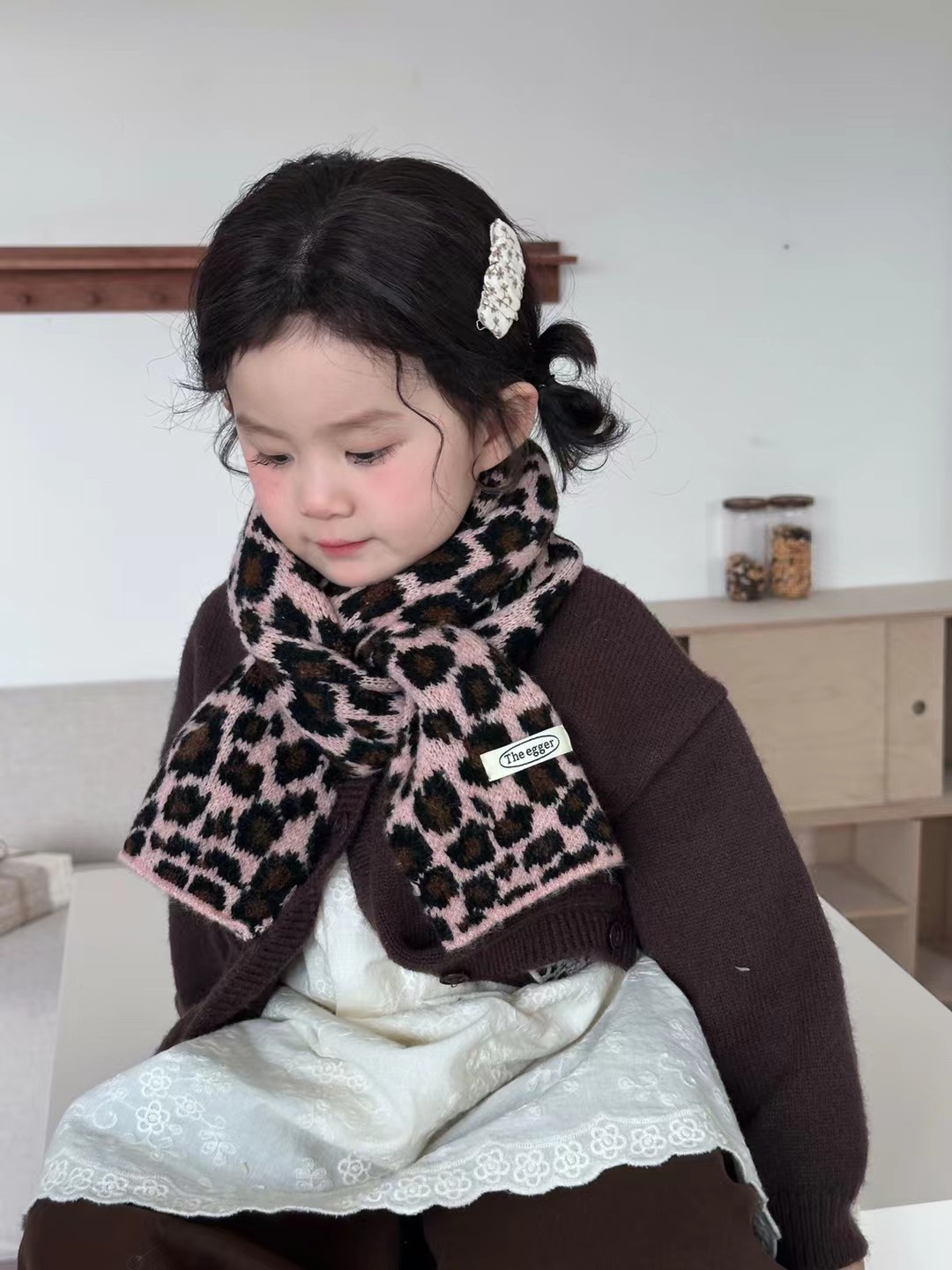 儿童围巾冬季保暖ins韩版简约豹纹针织围巾男女童氛围感穿搭围脖