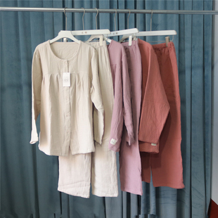 外贸日单女士纱布睡衣春秋夏纯棉双层棉纱长袖家居服2件套宽松