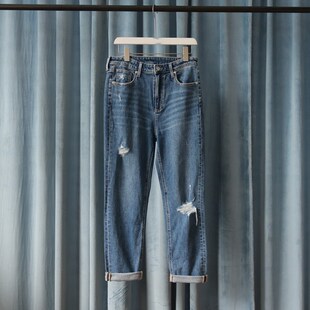 外贸春夏季女士高腰水洗牛仔裤弹力显瘦直筒裤破洞休闲长裤