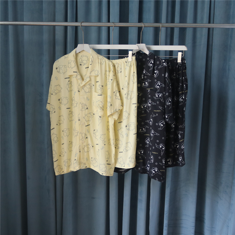 外贸日单情侣款夏季凉感短袖短裤家居服套装棉绸睡衣