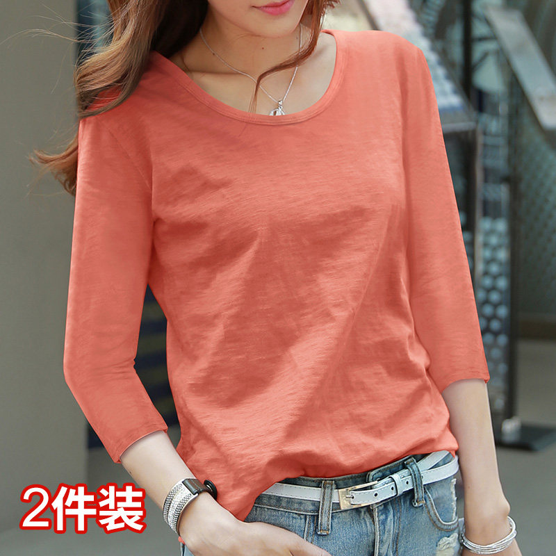 春装2020新款t恤女七分袖圆领宽松韩版百搭纯色打底衫竹节棉上衣