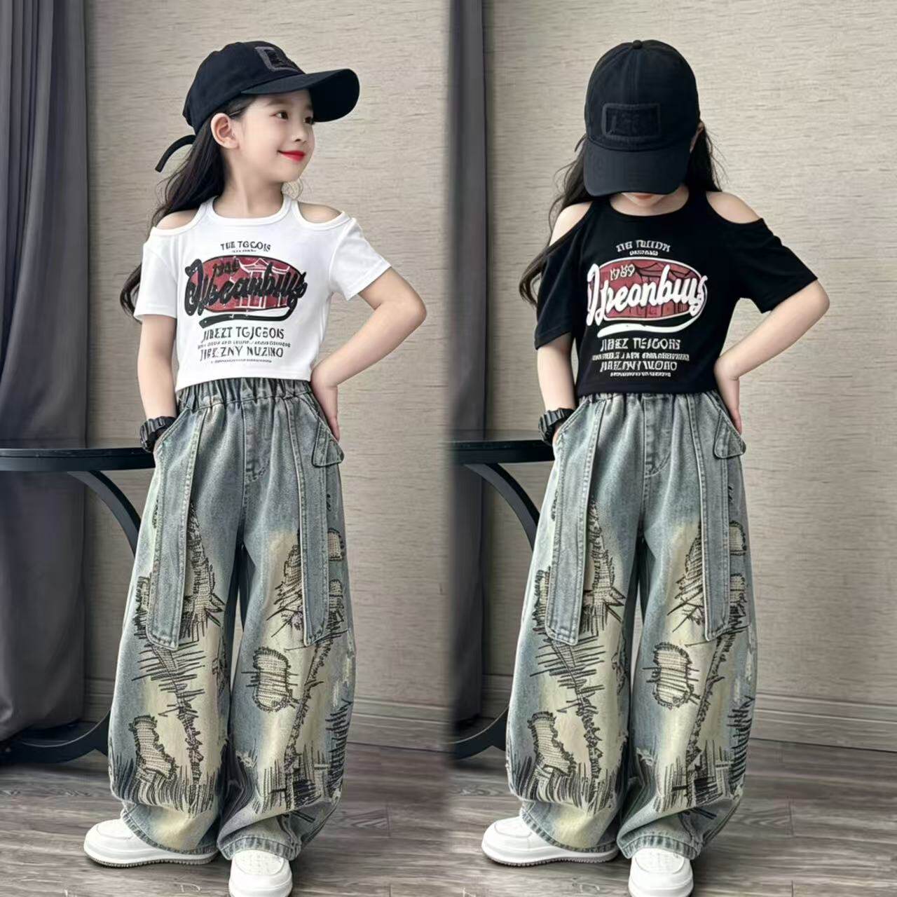 女童露肩短袖牛仔弯刀裤套装