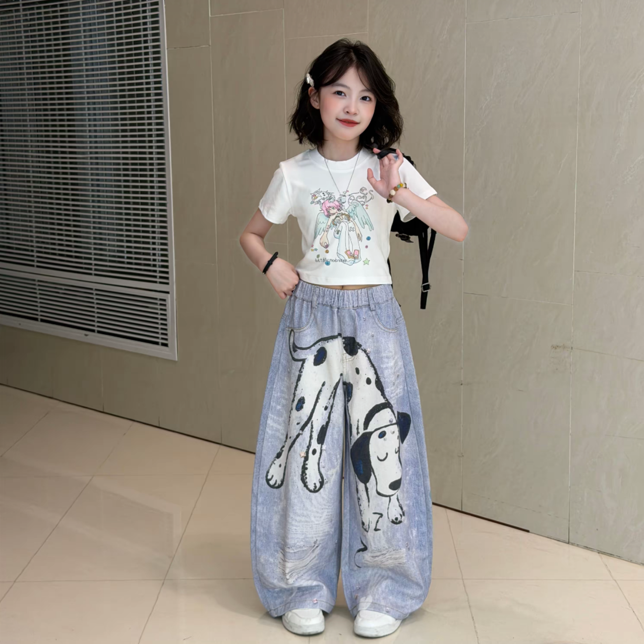 美式复古涂鸦天使短袖斑点狗牛仔裤套装女童百搭宽松阔腿长裤夏款