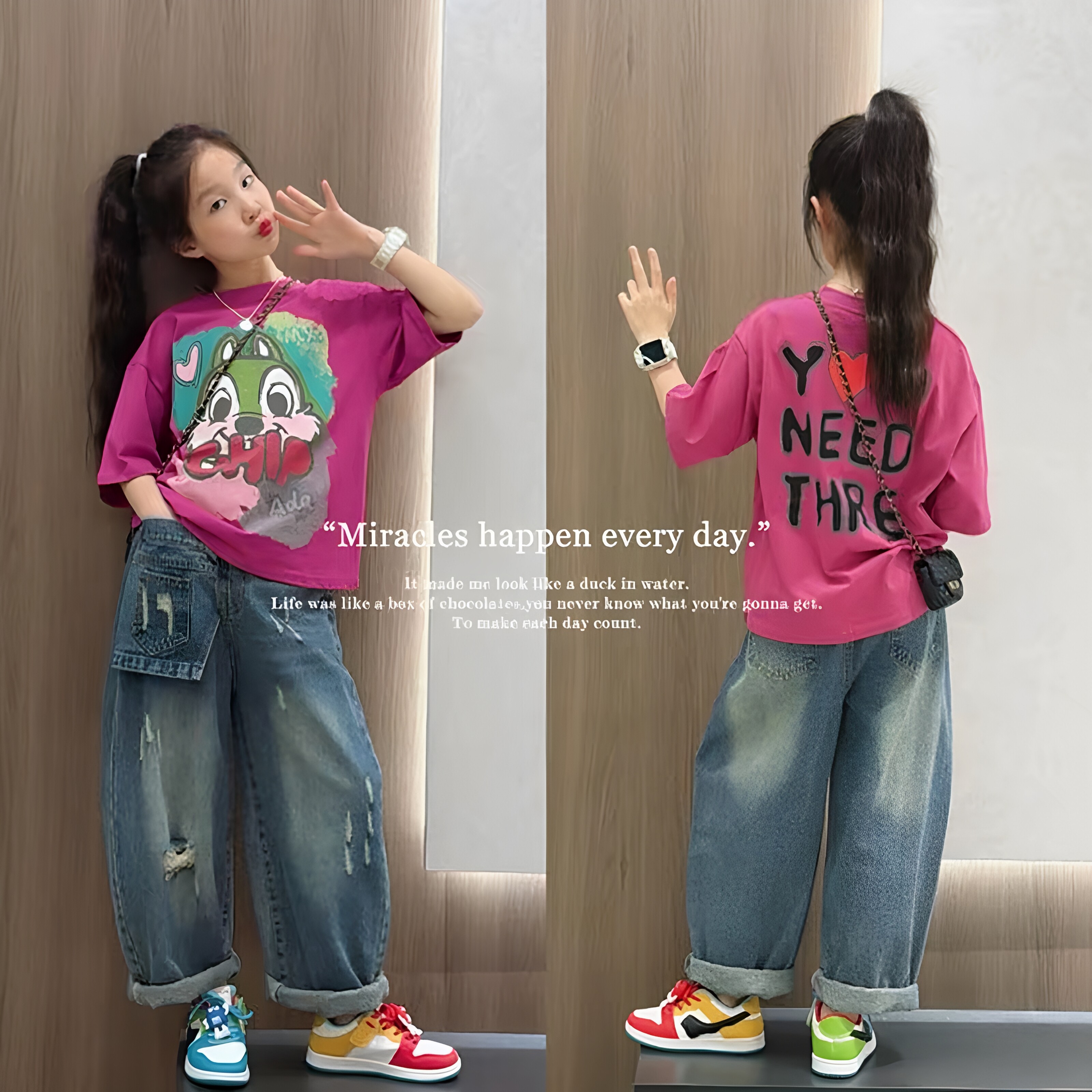 女童松鼠印花短袖破洞牛仔裤套装
