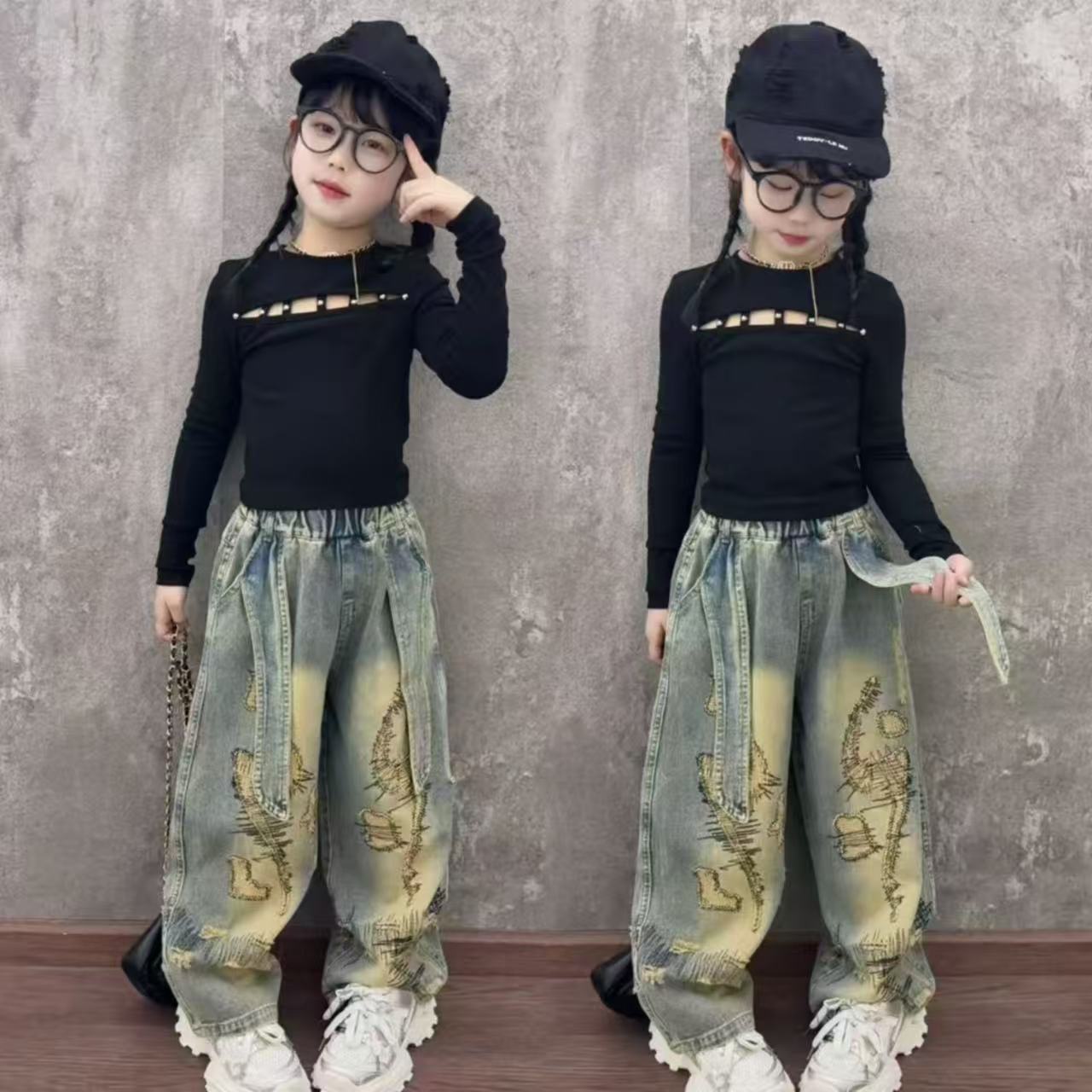 女童镂空打底衫牛仔裤爵士舞套装