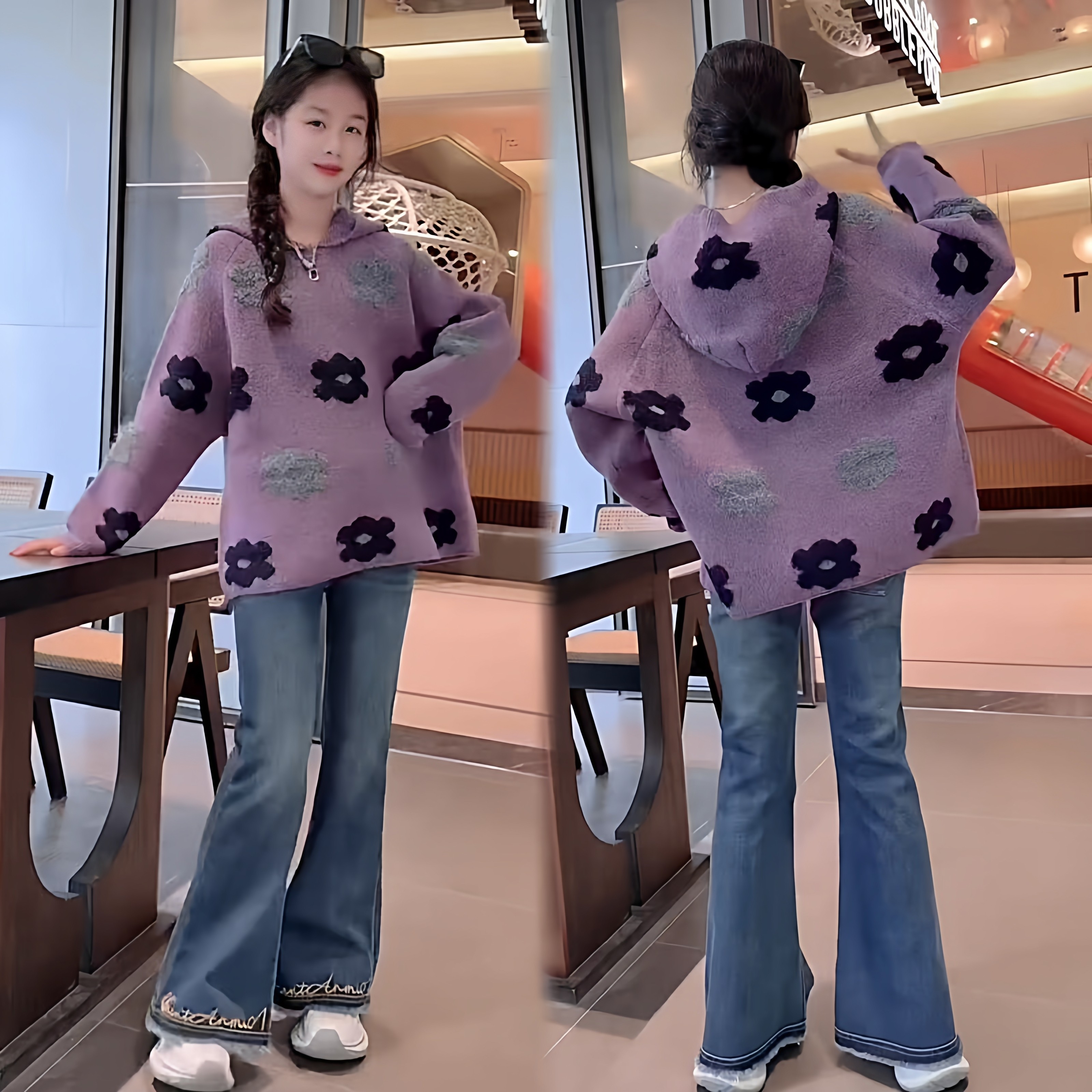 时尚韩系慵懒风女童花朵连帽加厚毛衣字母刺绣牛仔喇叭裤洋气套装