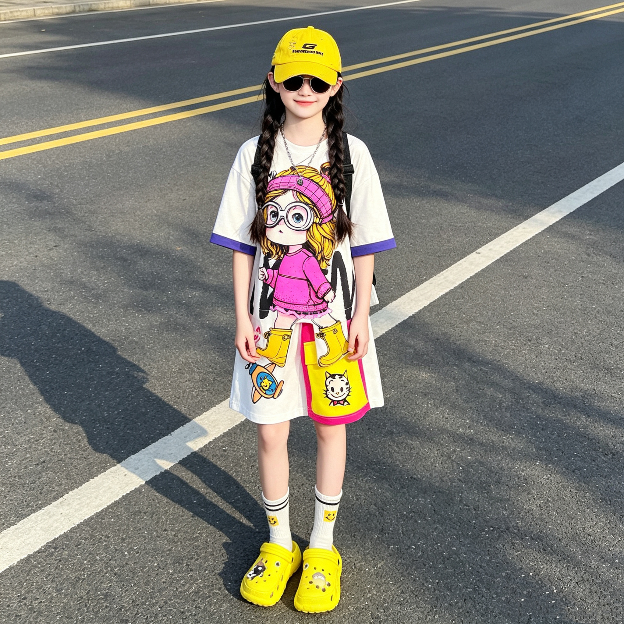 女童夏季趣味立体印花短袖T恤套装2026新款韩版网红短裤两件套潮