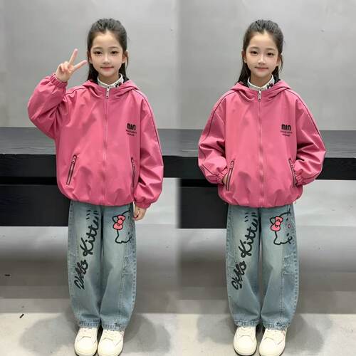 女童两面穿连帽外套弯刀裤套装