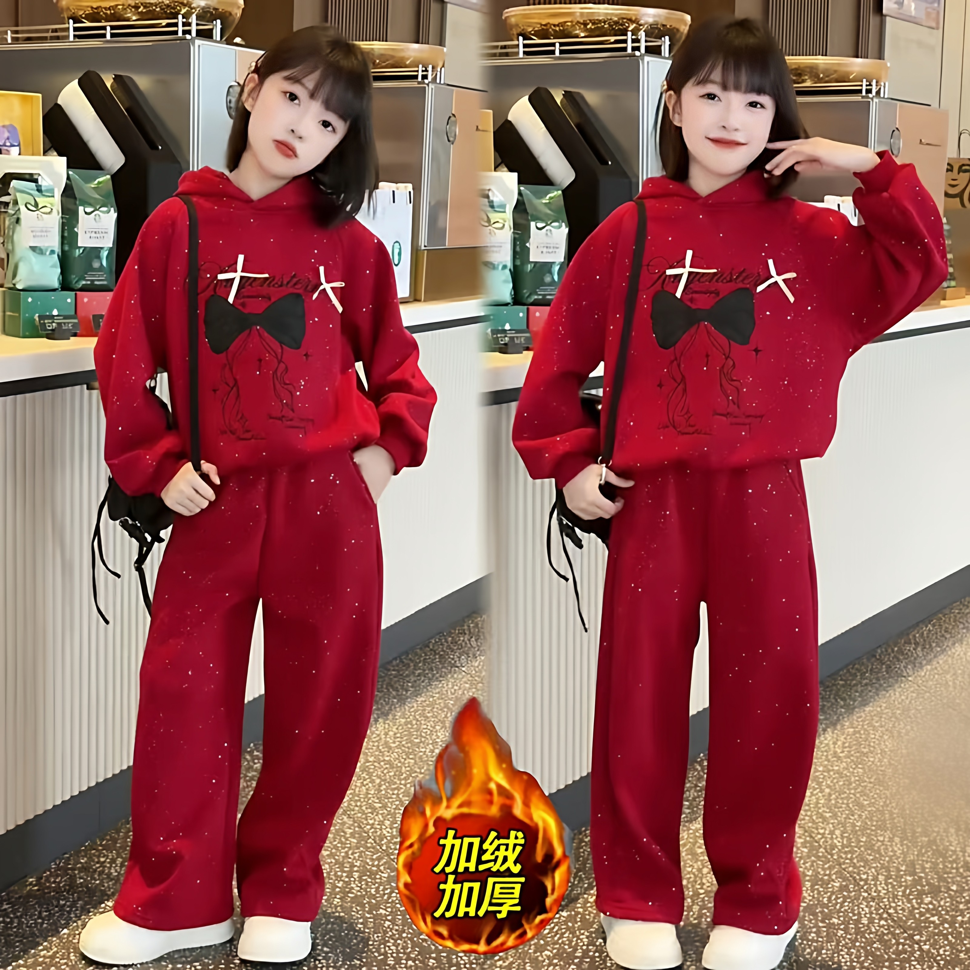 超好看女童本命年穿搭加绒蝴蝶结刺绣连帽卫衣阔腿裤红色撒银套装