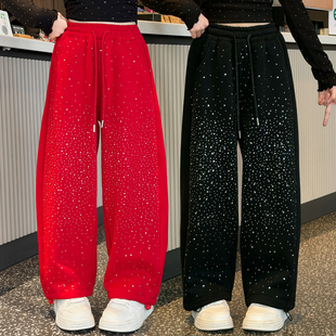 今年流行女童爆闪炸街烫钻满天星加绒阔腿裤冬季时尚百搭运动卫裤