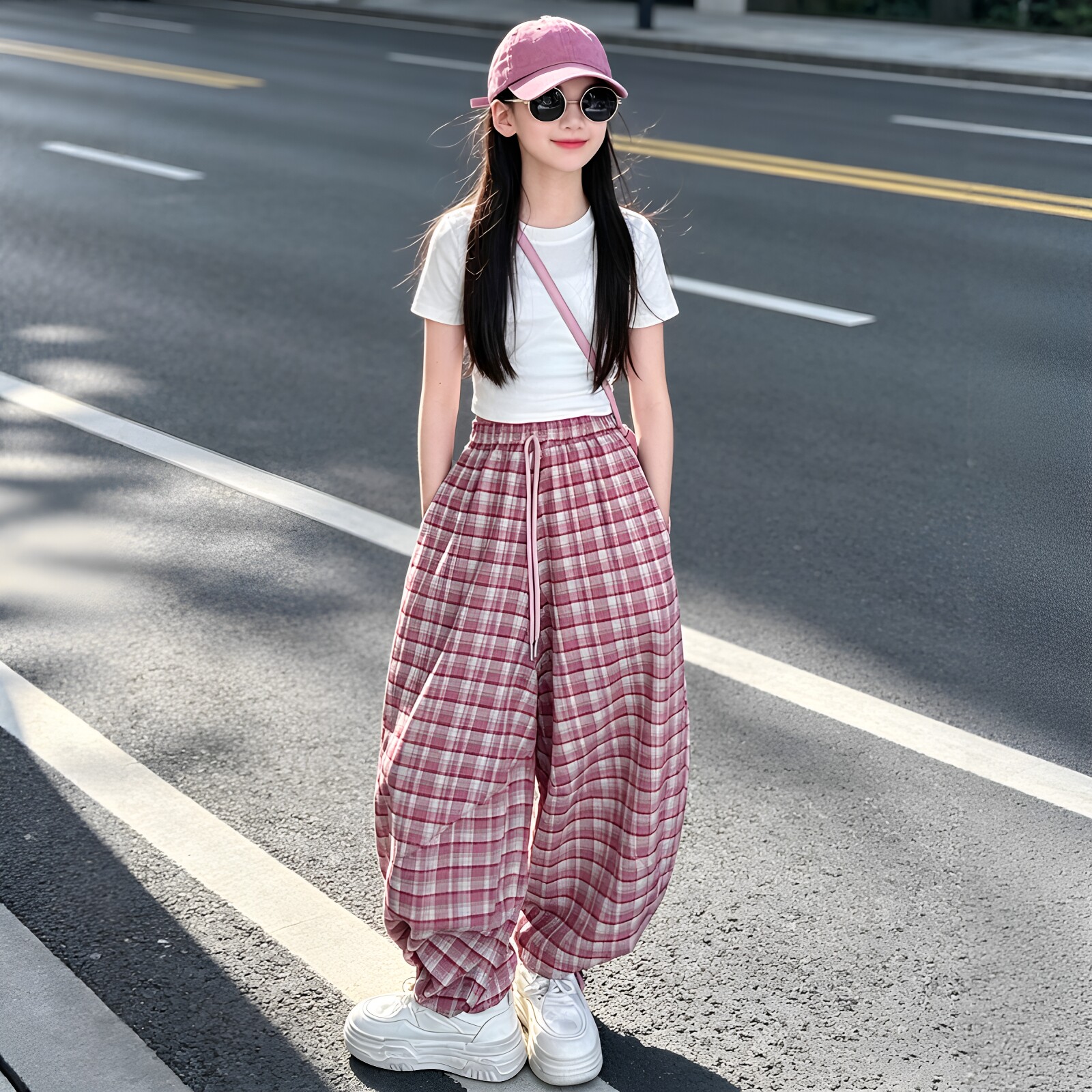 女童白色短袖格子弯刀裤套装