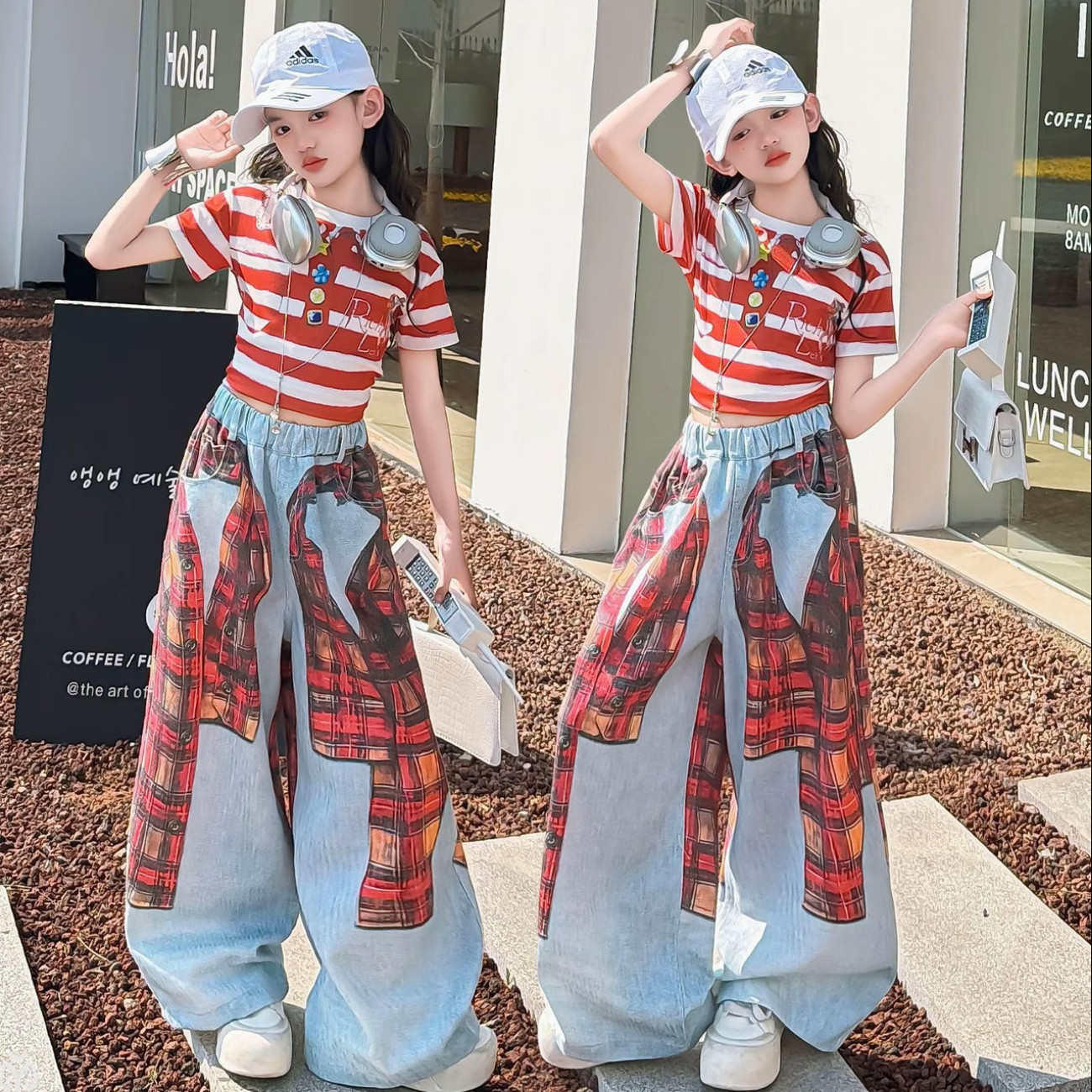 女童复古条纹短袖设计感美式3D数码印格子衬衫牛仔裤时髦套装潮酷