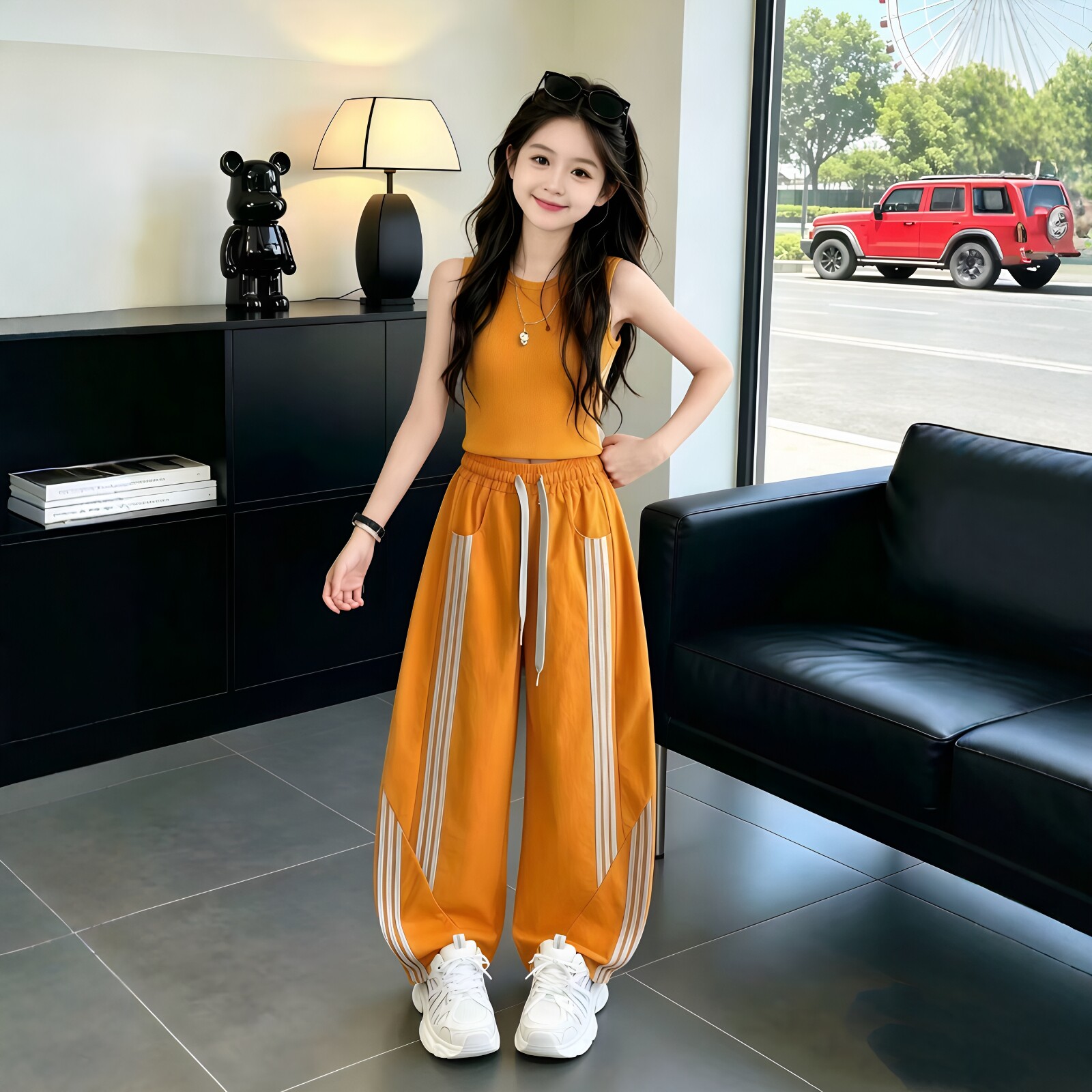 女童无袖背心拉条弯刀裤套装