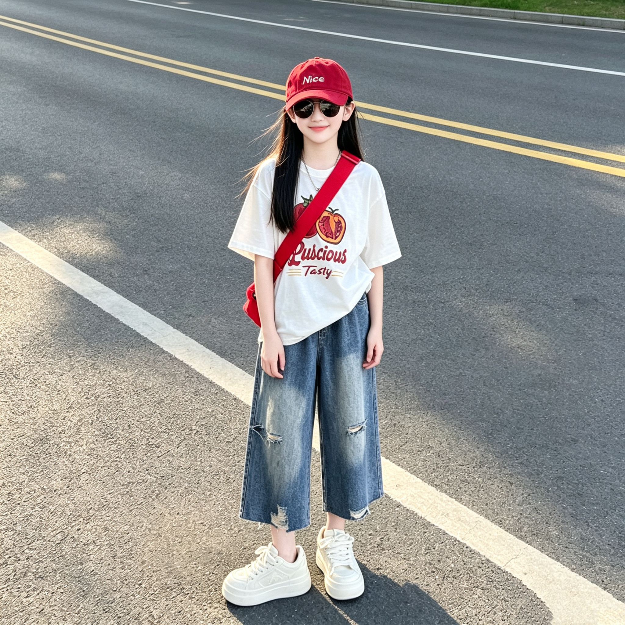 女童番茄印花短袖破洞八分裤套装