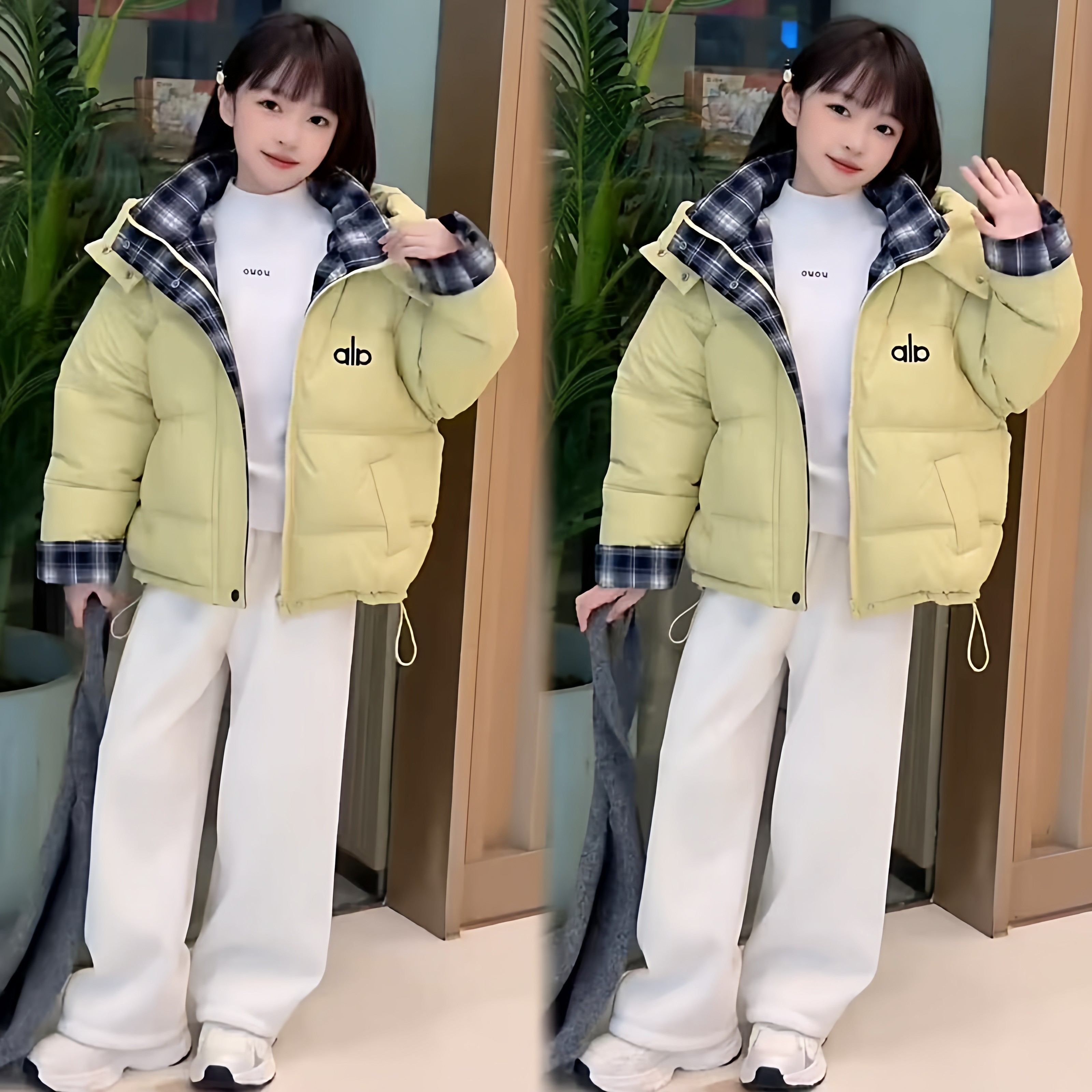 女童免洗小羊皮韩版棉服冬季设计感格纹拼接加厚保暖面包服外套潮