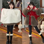 送手套加厚保暖拜年服女童超好看连帽亮片拼接毛毛衣棉服红色过年