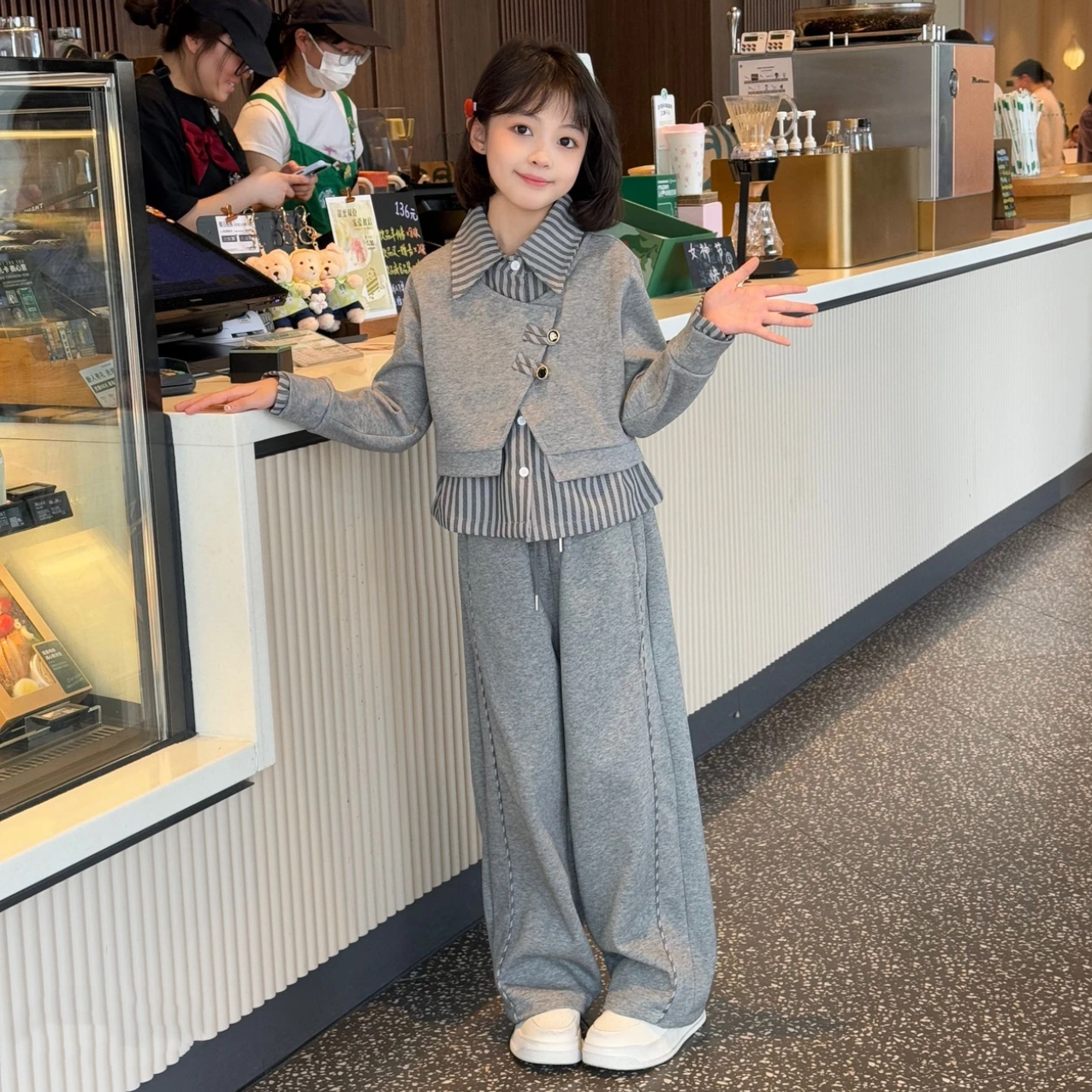 女童条纹拼接卫衣阔腿裤套装