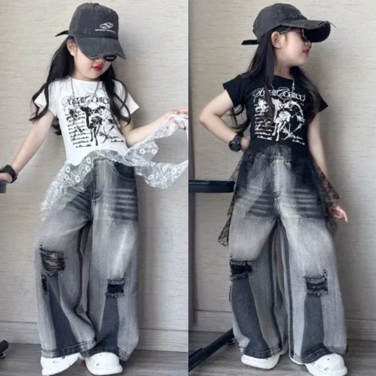 女童蕾丝拼接短袖牛仔阔腿裤套装