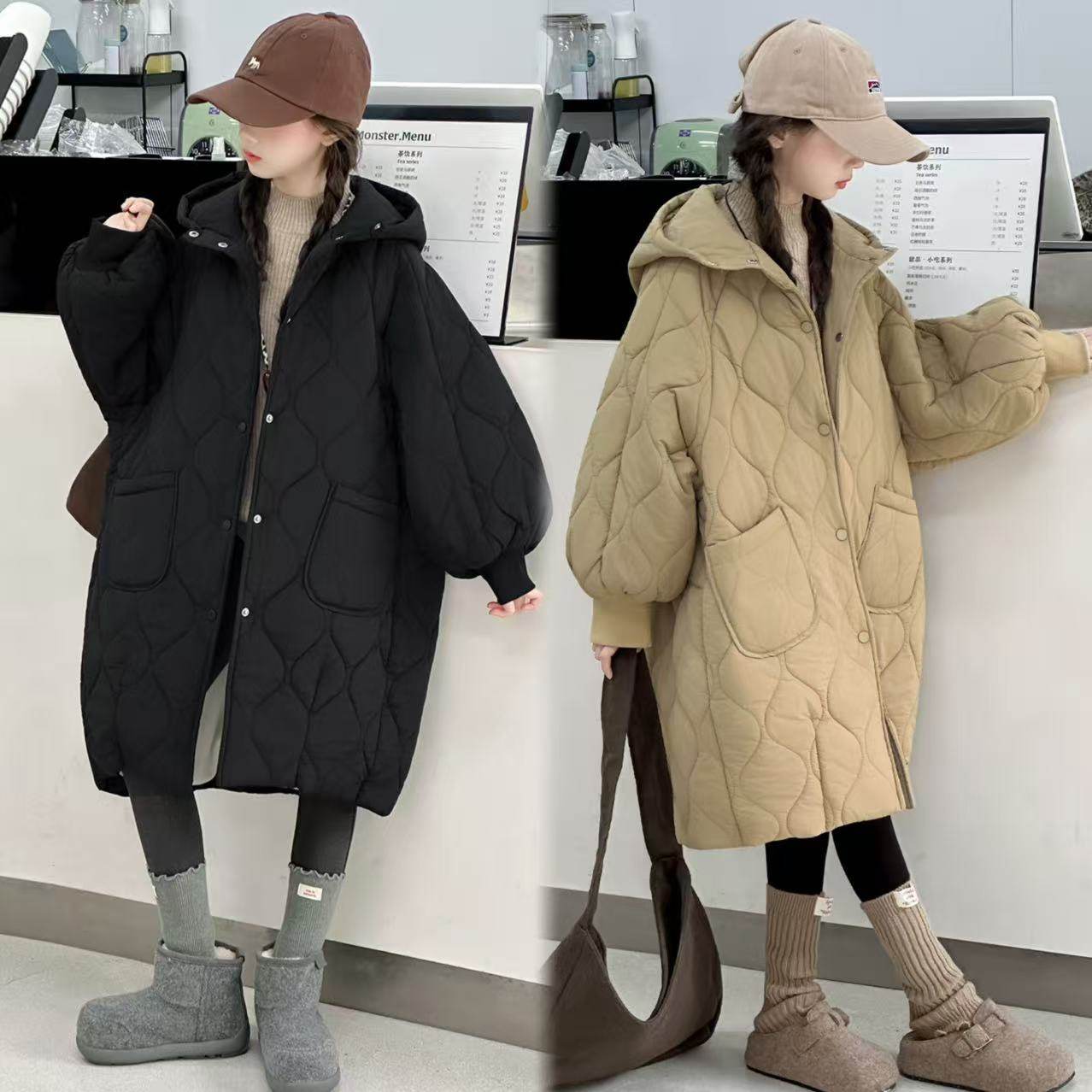 冬季新款中长款女童韩系加厚连帽棉服休闲简约高级感保暖棉衣外套