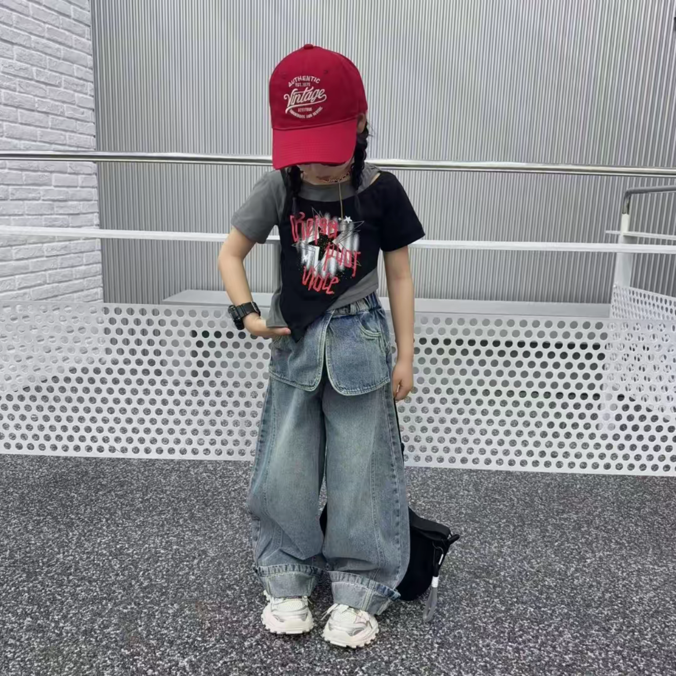 女童夏季新款假两件拼色美式辣妹设计感短袖T恤牛仔裤炸街套装潮8