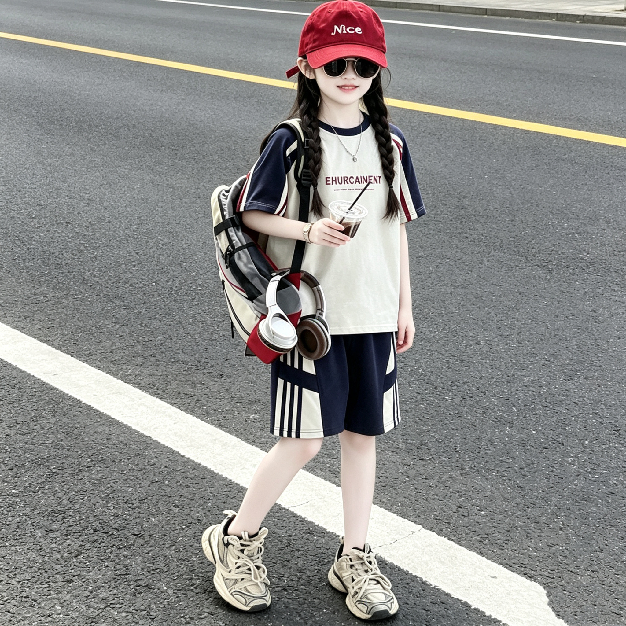 男女童夏季运动风套装2026新款初中生韩版拼色短袖短裤两件套潮范