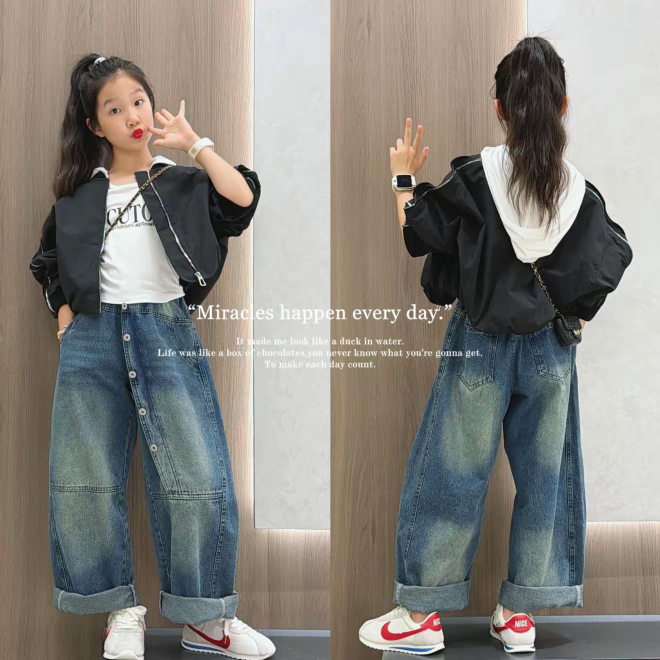 女童棒球服夹克外套牛仔裤套装