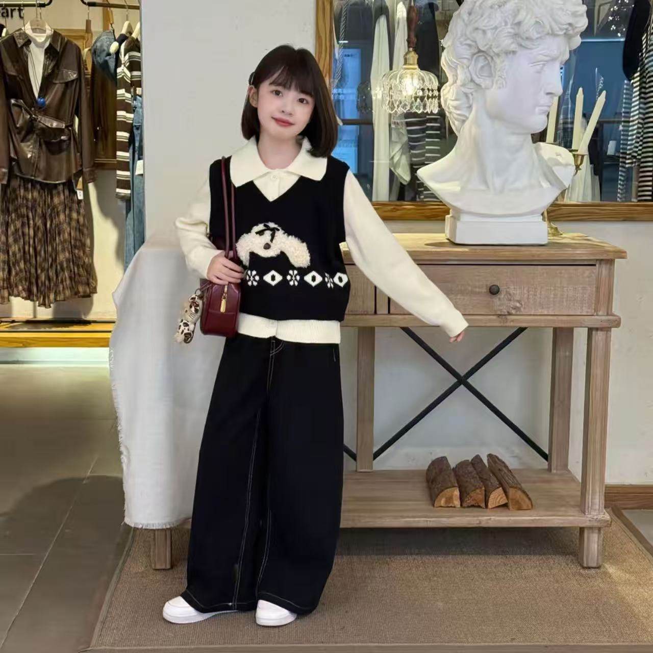 女童设计感假两件学院风卡通POLO领毛衣复古百搭牛仔阔腿裤套装韩