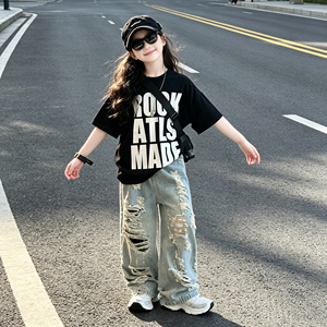 女童字母短袖破洞牛仔裤套装
