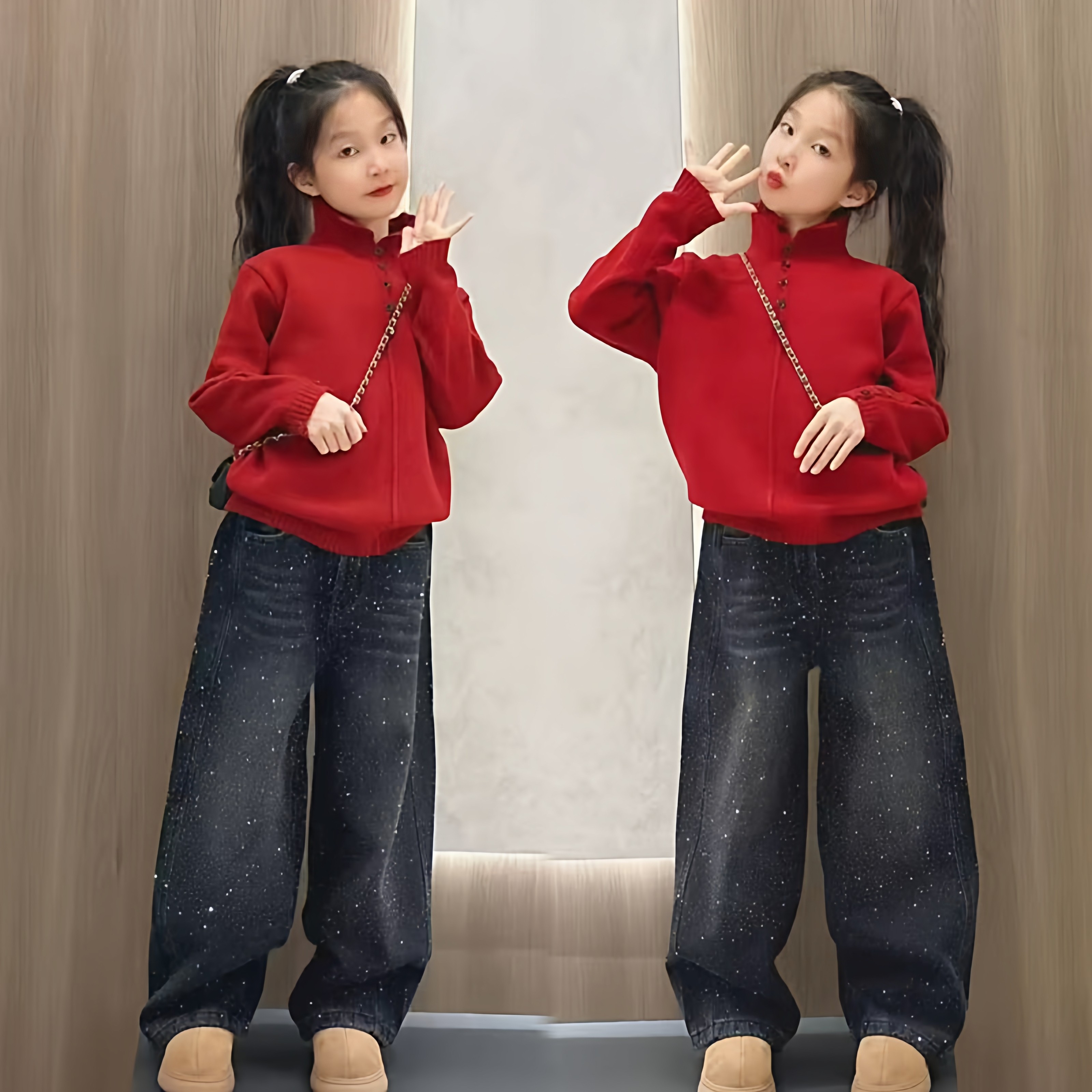 女童新年红色高级感本命年洋气毛衣重工烫钻牛仔休闲裤超时髦套装