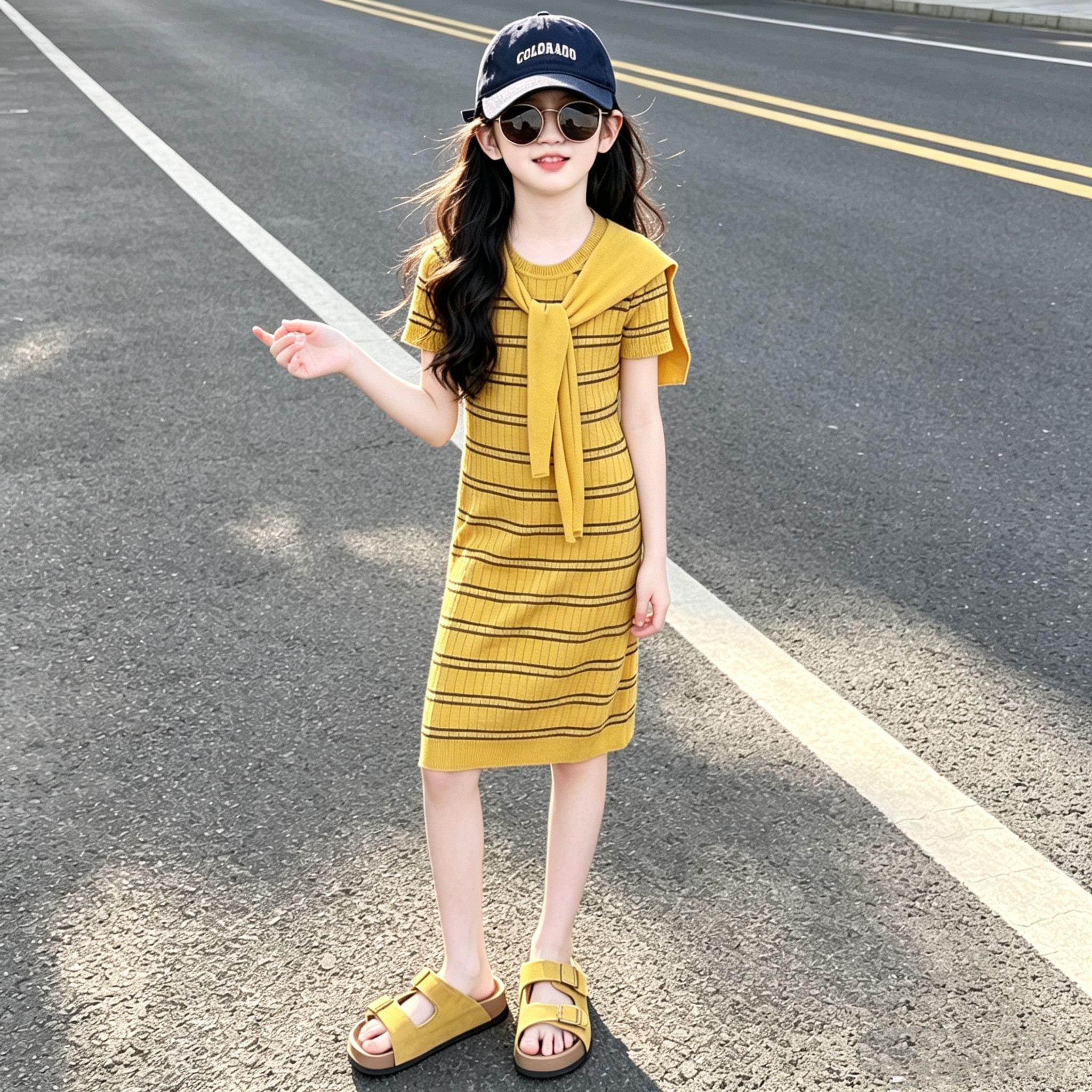 女童披肩条纹针织连衣裙
