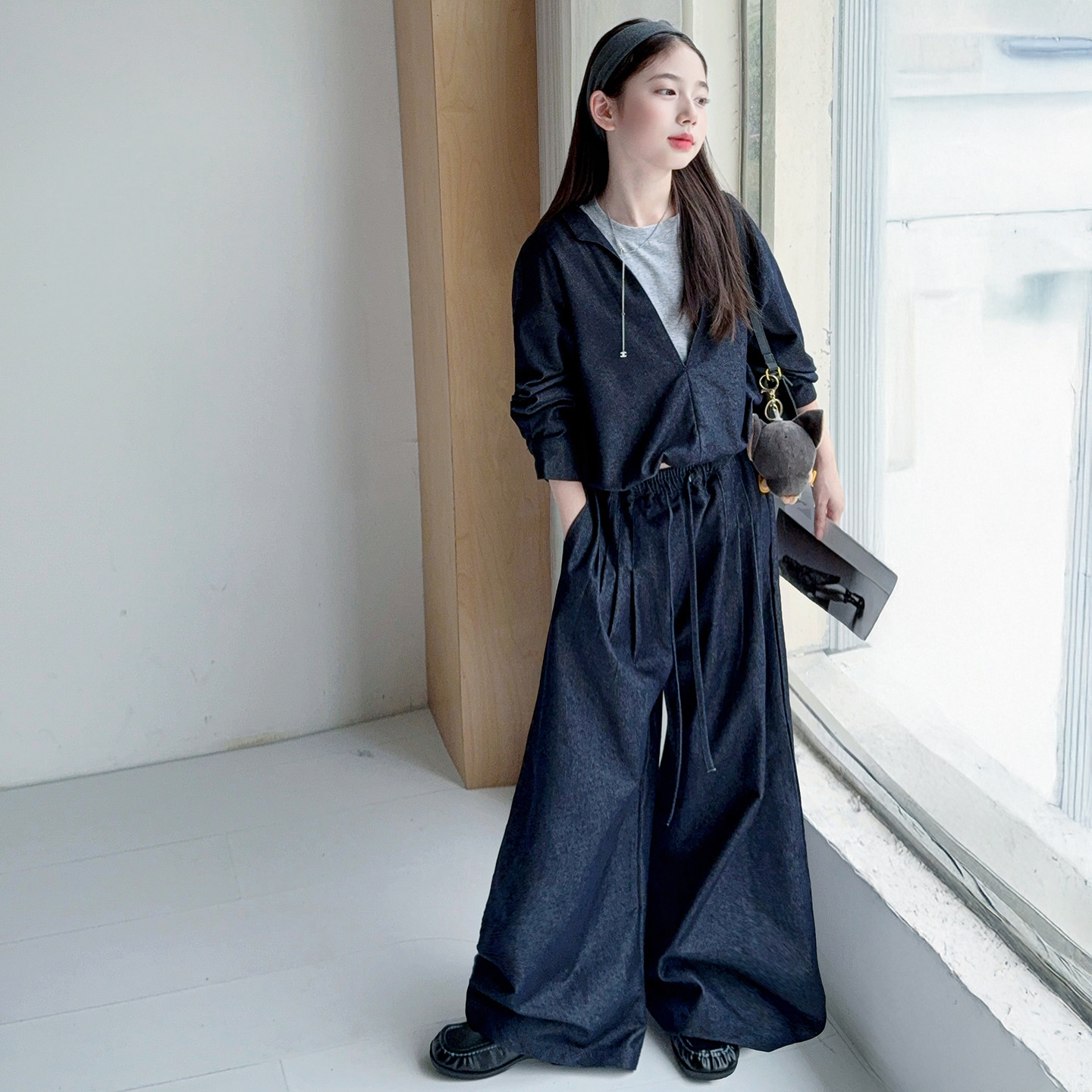 女童假两件牛仔上衣阔腿裤套装