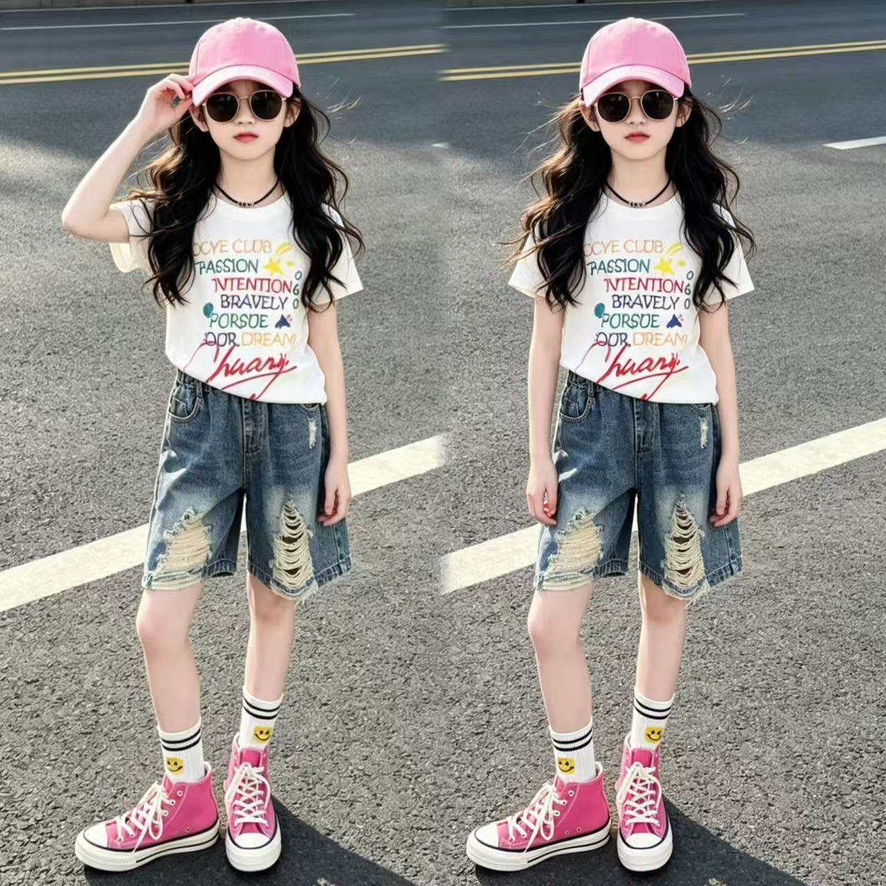 女童字母正肩短袖破洞五分裤套装