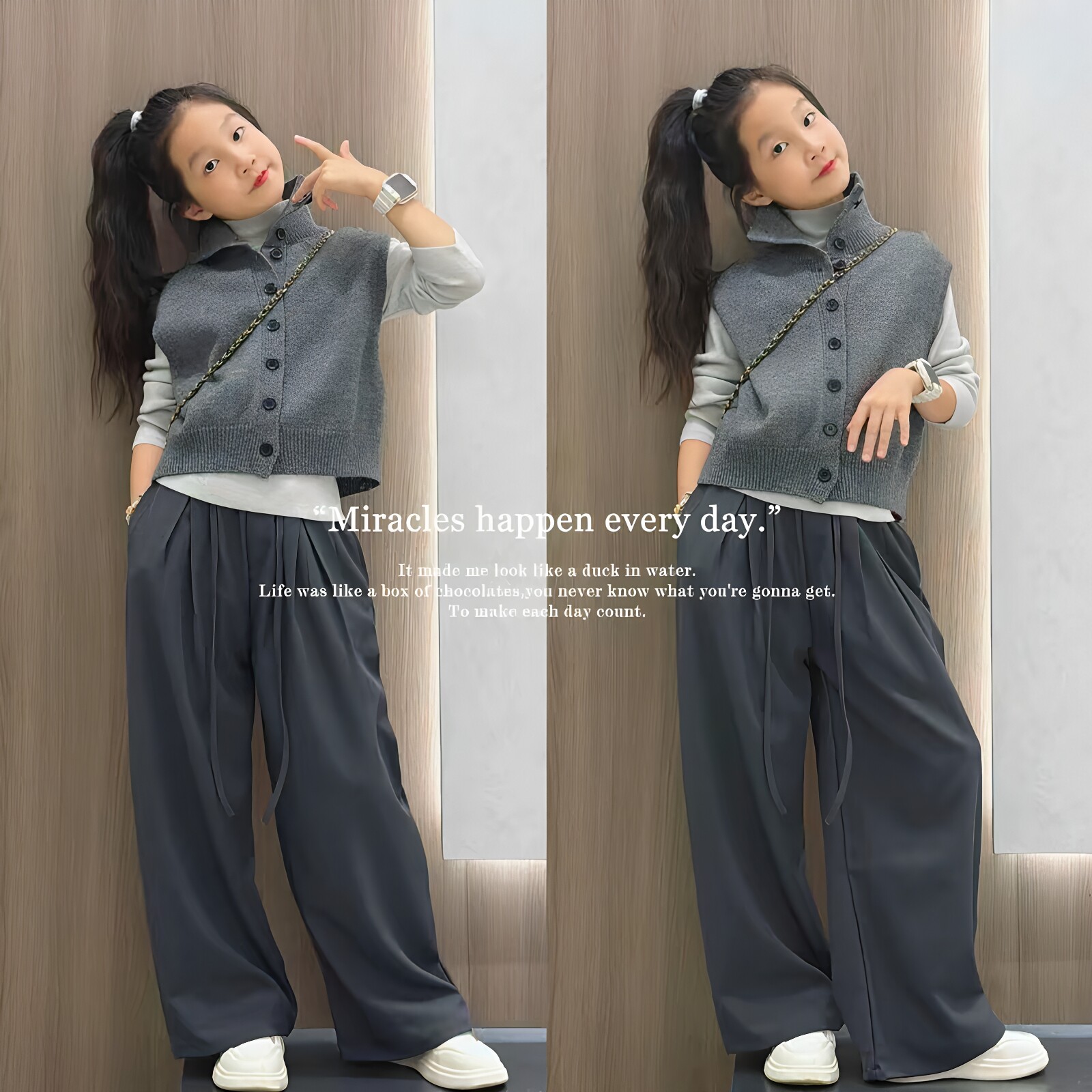 女童毛衣背心打底衫阔腿裤三件套