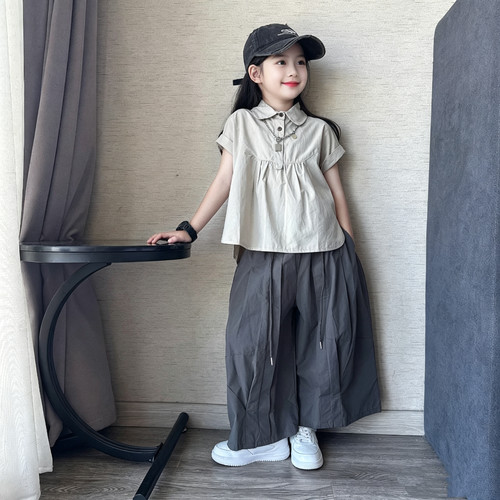 女童短袖娃娃衫阔腿裙裤两件套