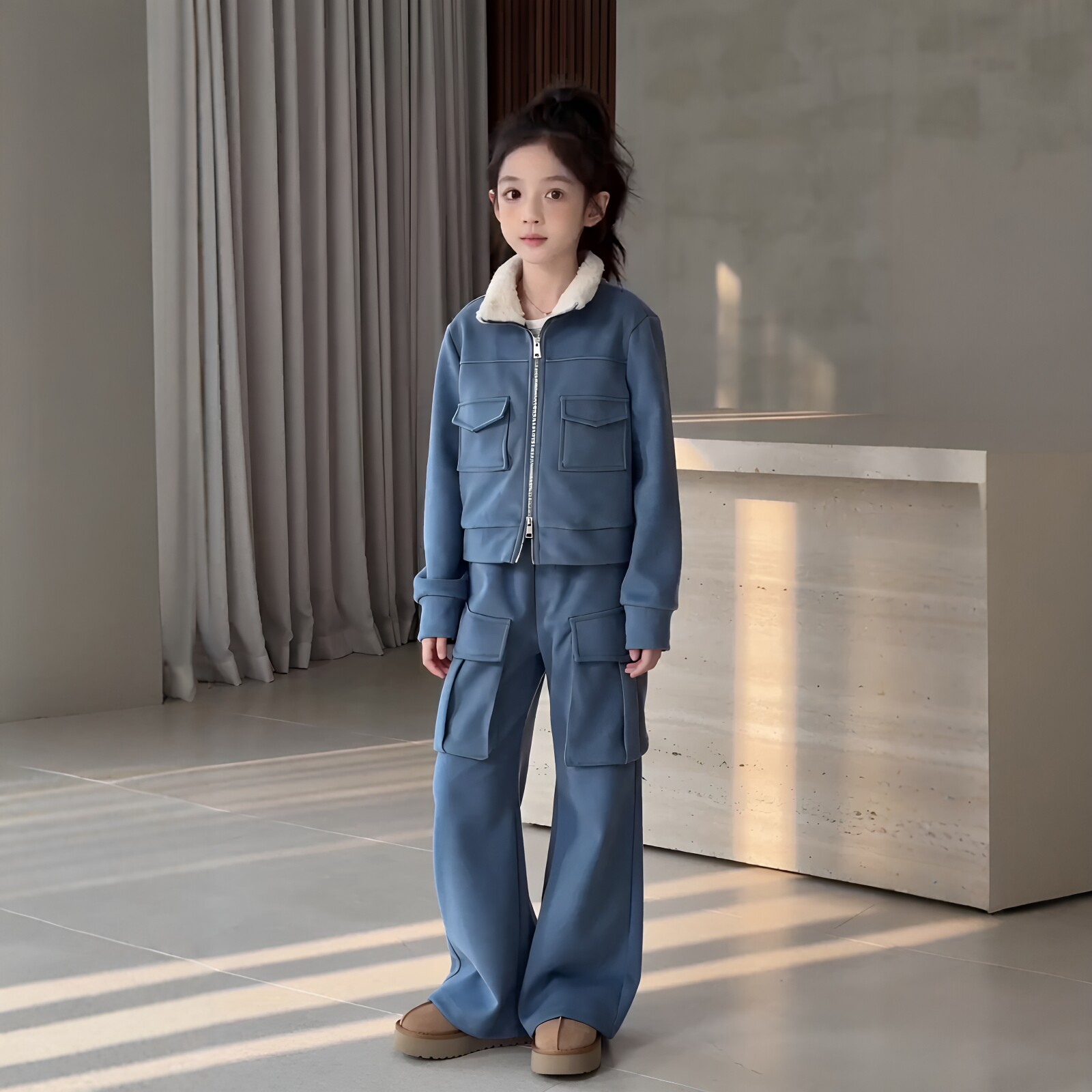 女童立领加厚外套裤子套装