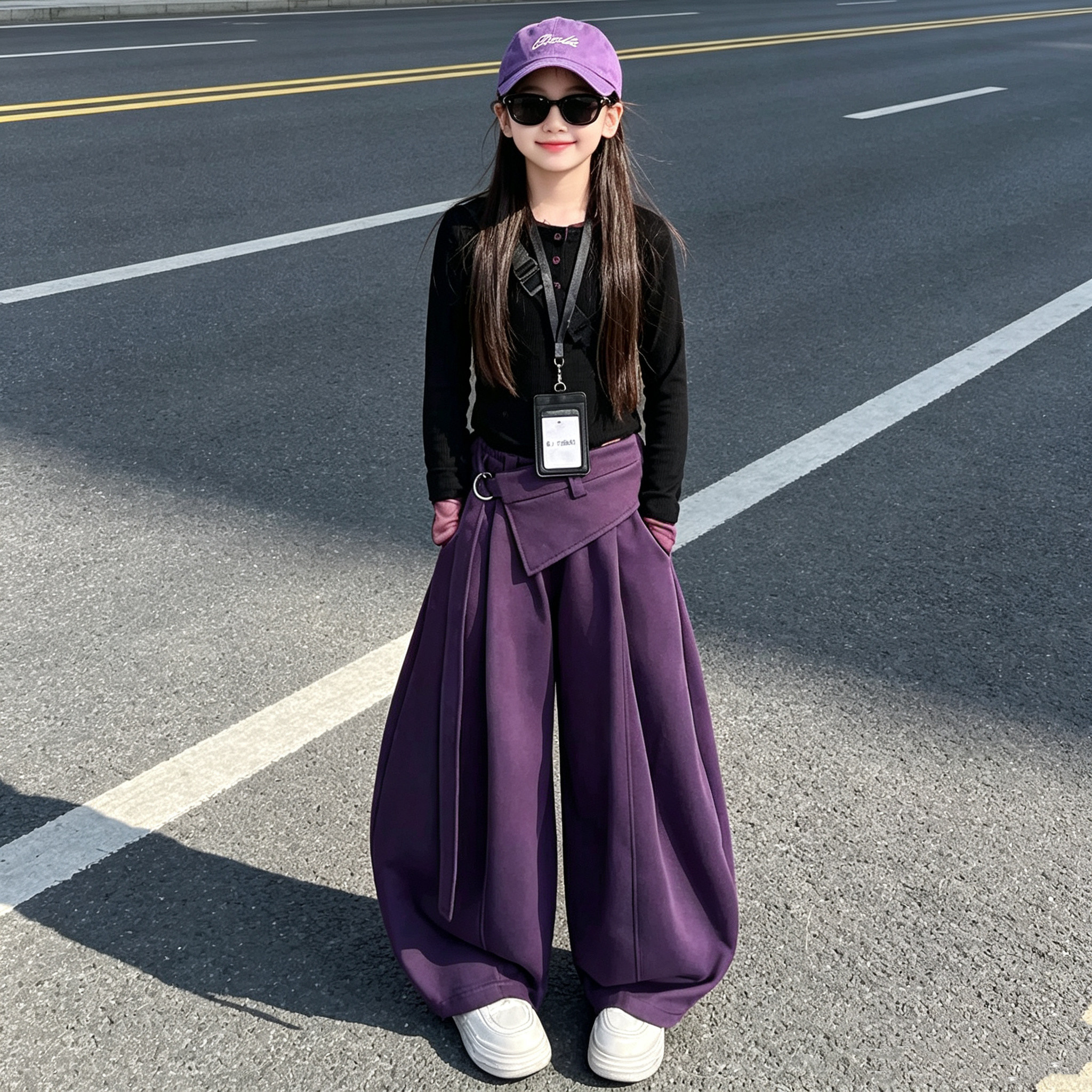 女童高腰弯刀裤穿搭打底衫套装