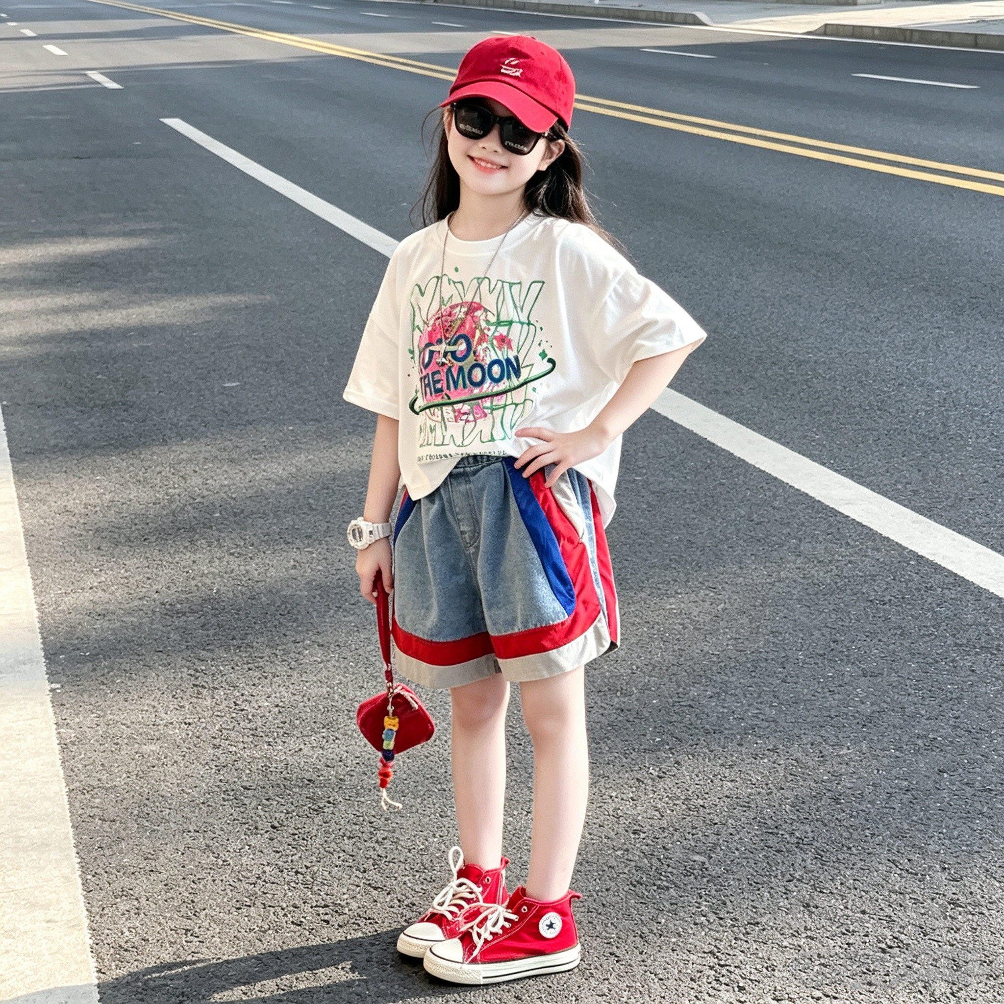 女童牛仔短裤不规则开叉短袖套装