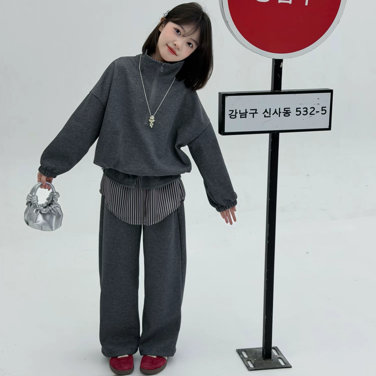 女童半拉链卫衣屁帘阔腿裤套装