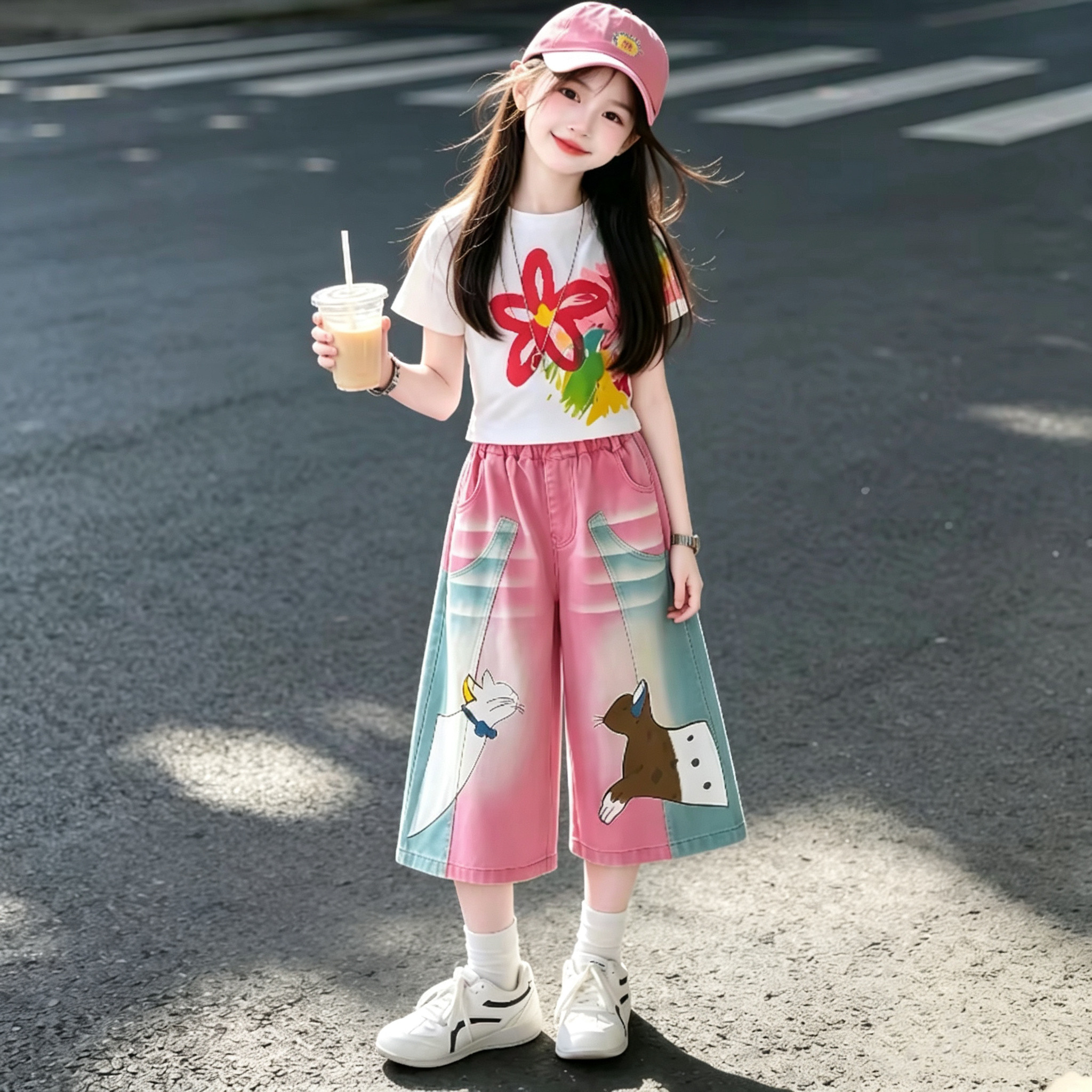 女童花朵印花短袖渐变牛仔裤套装