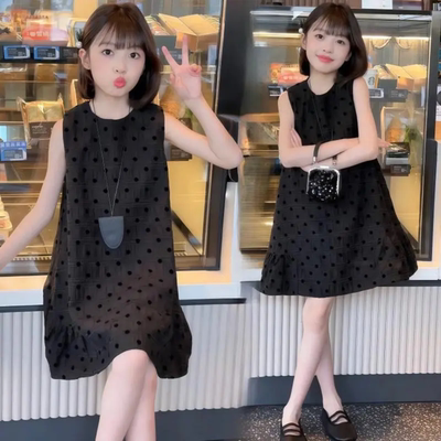 女童赫本风黑色无袖波心连衣裙