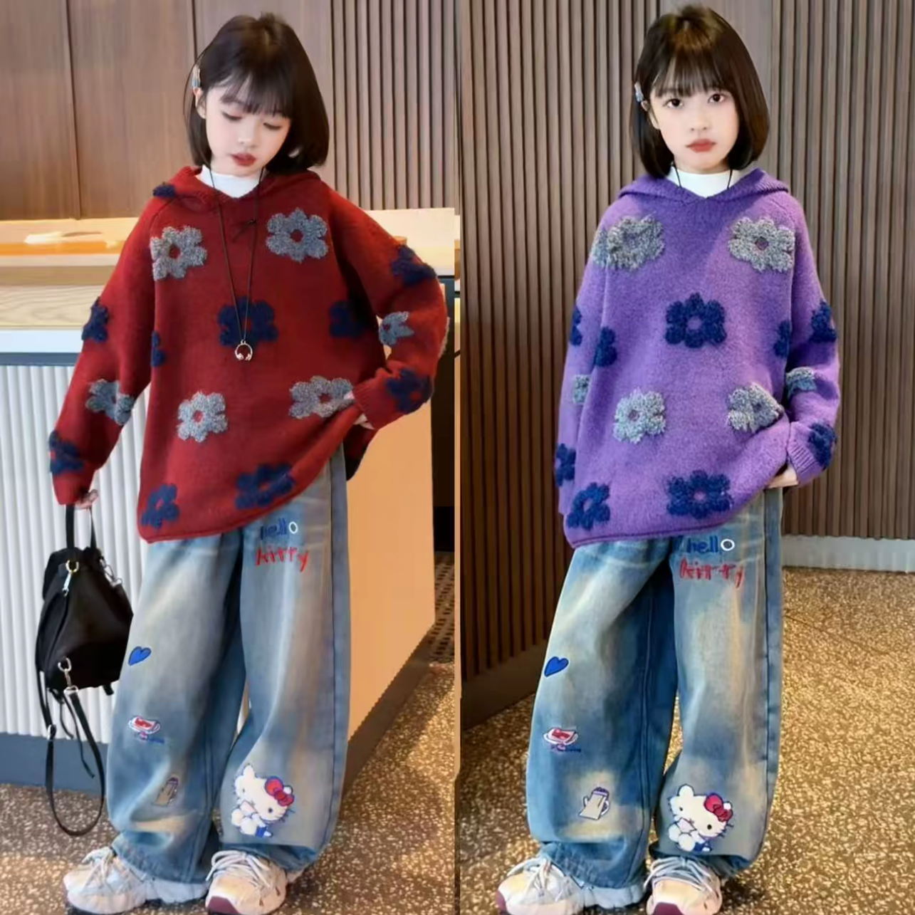 女童韩系超好看红色花朵连帽毛衣设计感KT猫咪刺绣加绒阔腿裤套装