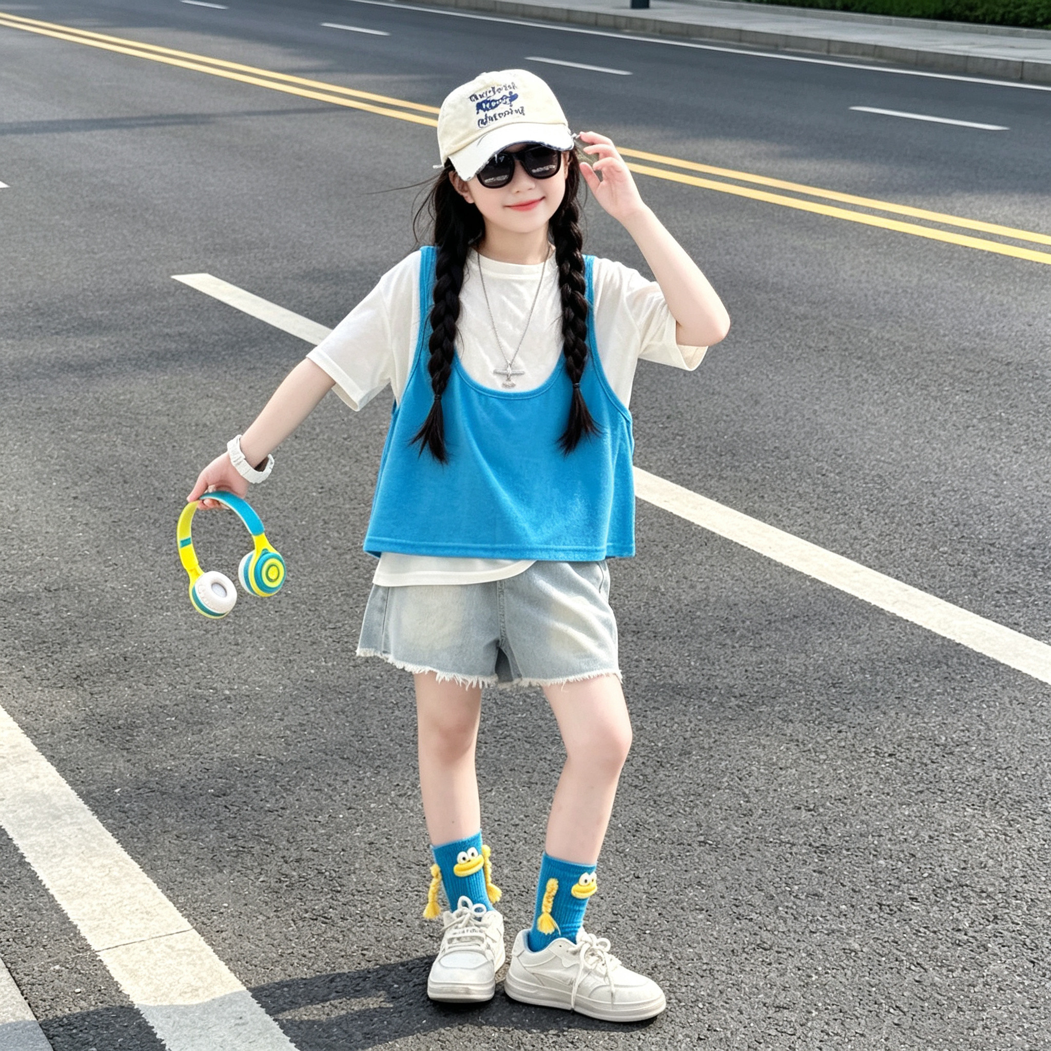 女童夏季洋气短袖背心短裤三件套