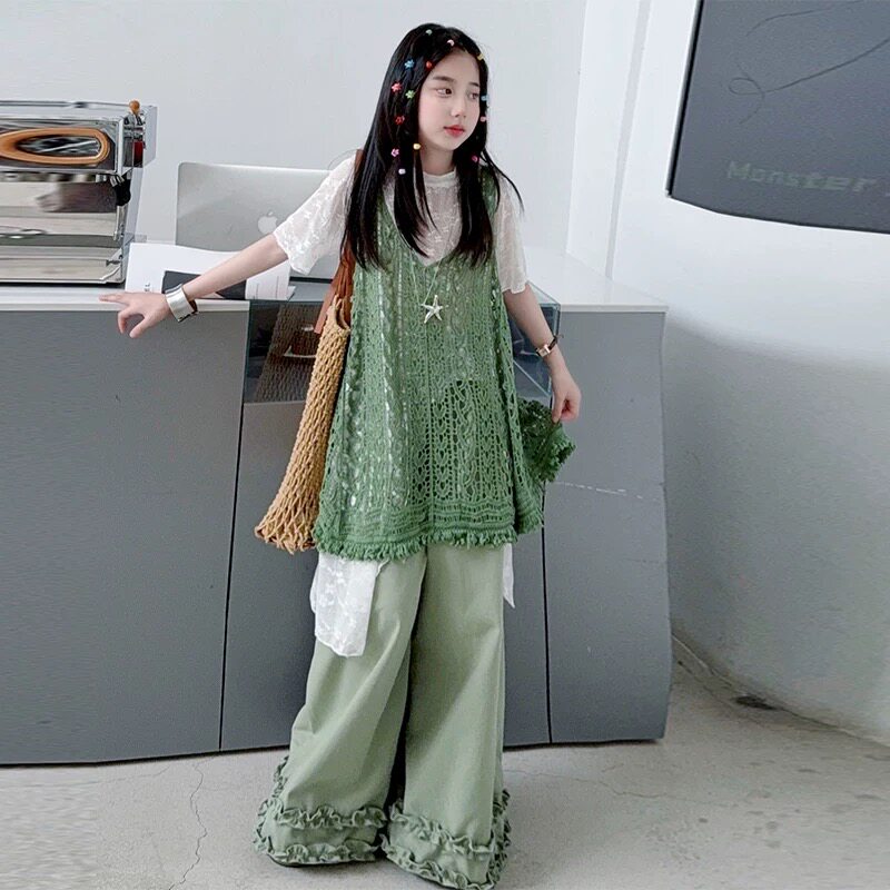 女童空钩花吊带短袖阔腿裤三件套